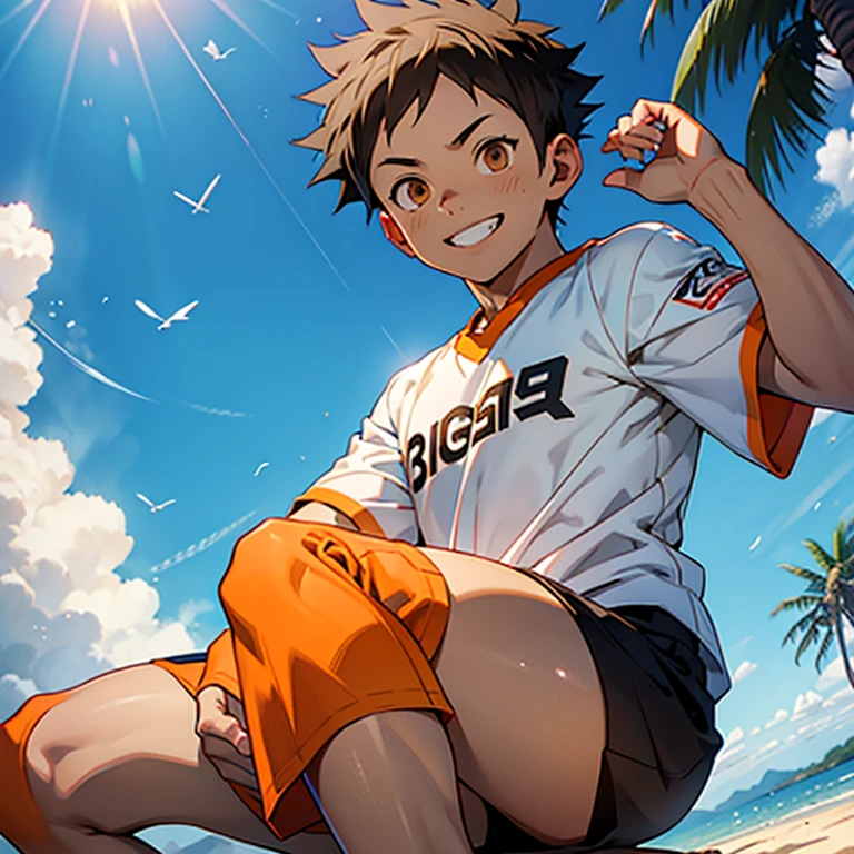1 hombre, chico, adolescente, haikyuu, hinata shoyo, esbelto, bajo, pelo naranja, Brown eyes, sin playera, uniforme voleibol, camara desde abajo, cuclillas, piernas separadas, fondo soleado, ruborizado, sonrisa, HD, full color, muy detallista, rostro perfecto, obra maestra.