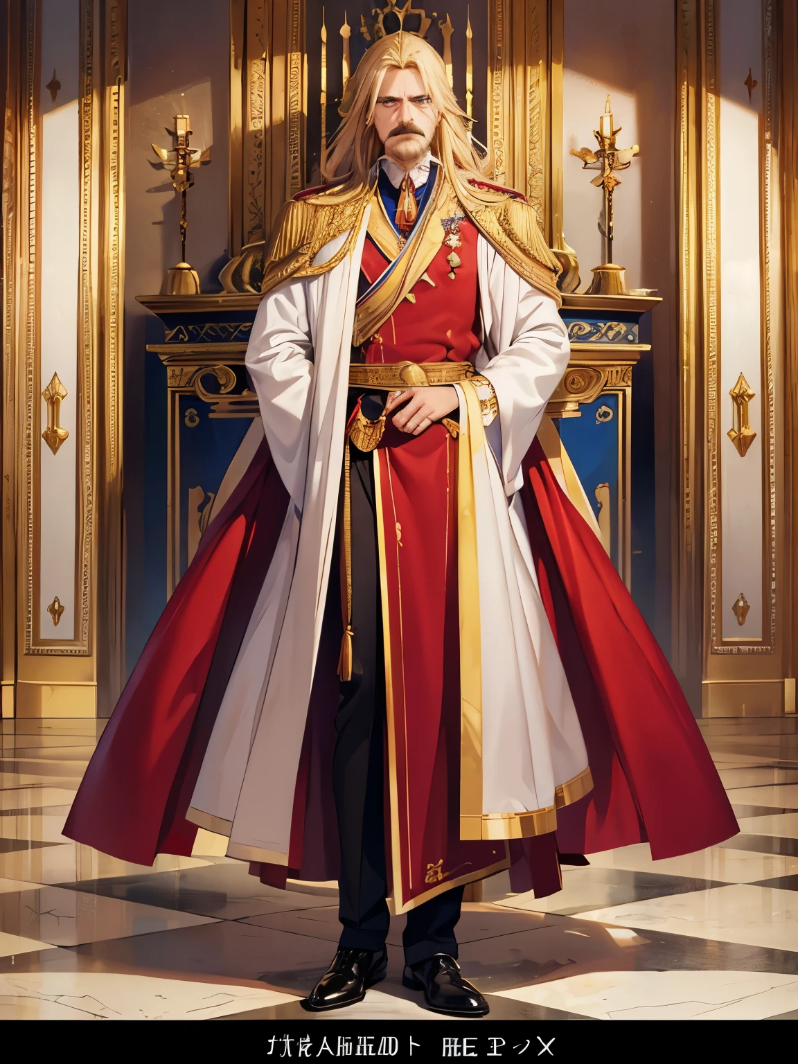 King standing in the royal palace,Medium hair, mustache, 35 years old, blonde hair, blue eyes, red royal clothes, Arms crossed, in the dungeon, annoyed expression,ultra detailed,half body photo,slight smile