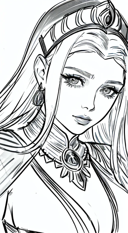 masterpiece, Elizabeth Olsen as Dejah Thoris，female general , alone, Bust Close-up, (White background:1), monochrome, draw line, ((sketch)), white hair detailed, NSFW 