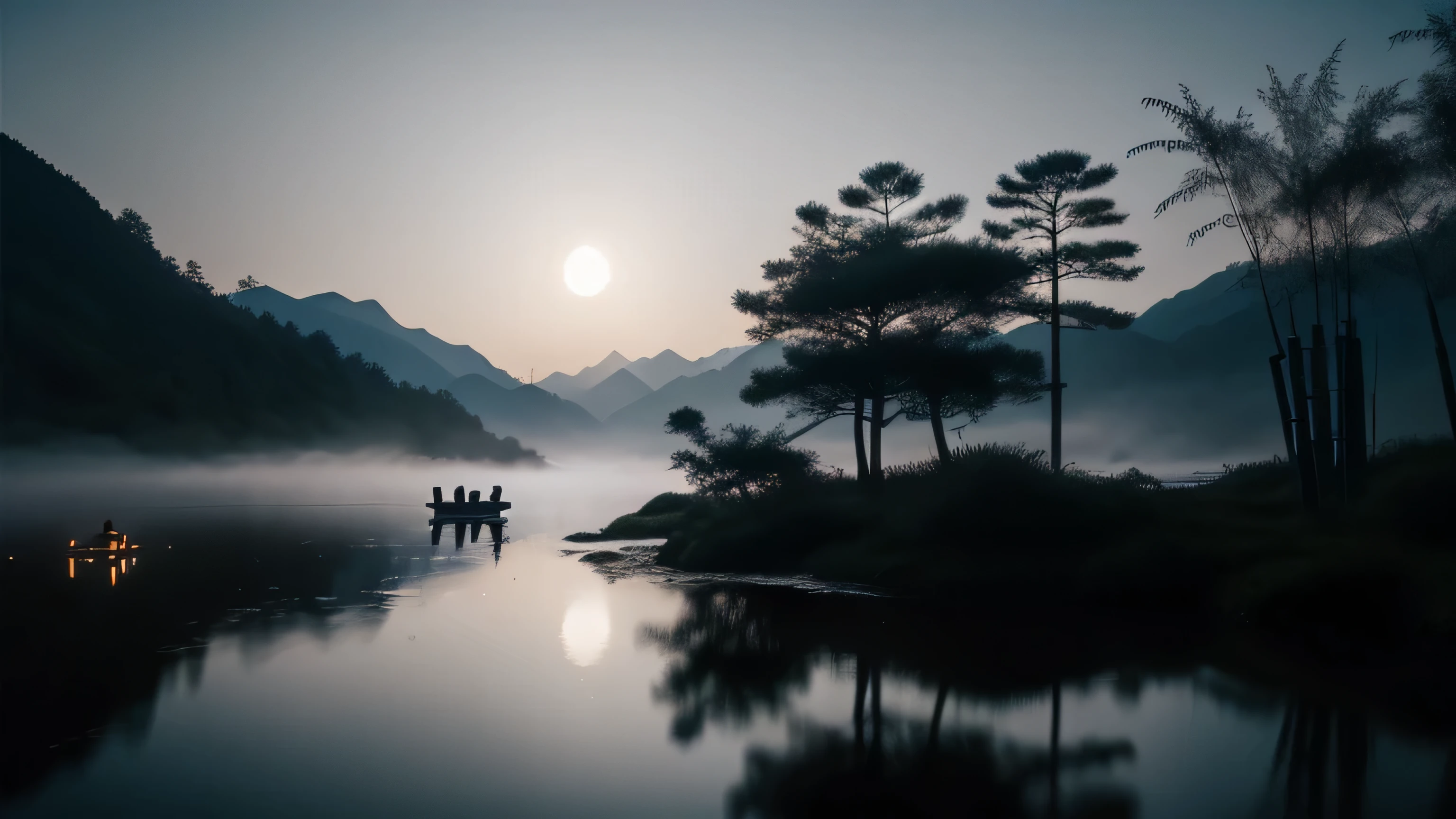 masterpiece,best quality,Chinese martial arts style,an asian night scene with lanterns and water lilies,asian pond with many lanterns and boatsa night scene with many lights and boats in the water, Lake surface, lotus flowers,beautiful night scene,(((Chinese martial arts style))), with vast sky, continuous mountains and steep cliffs, ink wash style, outline light, atmospheric atmosphere, depth of field, mist rising, bamboo, pine trees, octagonal stone pavilion, waterfall flowing water,big full moon,(No color) , Monochrome, light color,