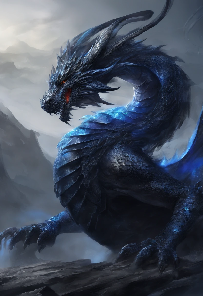 mythology，Dragon, black with dark blue details and silver