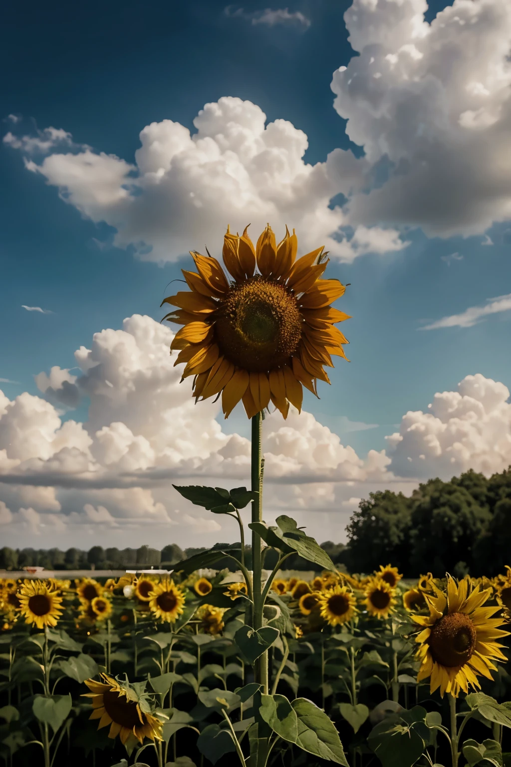 Make a realistic sunflower, I want it to be in a cloudy mood, I want the sunflower to be beautiful and realistic, however, I want this image to be generated in 2d, just like a drawing.