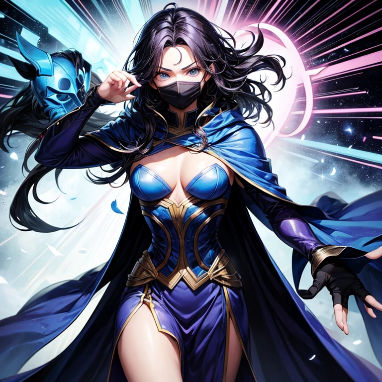 In a fight scene. Comic but in a manga style. A good-looking man, with a mask and cape, has a power of spreading love and teleportation, a super hero and has a outfit color of blue. A villain woman with a good-looking but she's a bitch, has a wavy hair and has a outfit of color violet, has a eye mask