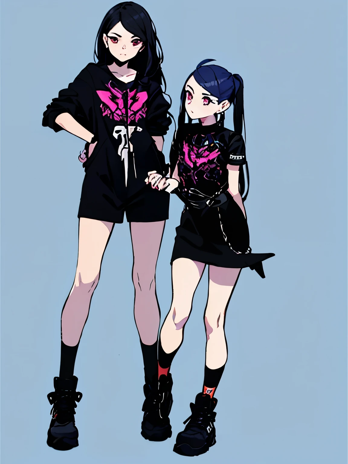 ((full body photo: 1.5)), a drawing of a girl with Long black hair in side buzz cut and pink eyes, ((long hair)), ((buzz cut on the sides)), ((buzz cut on the sides)), ((long hair)), ((black hair)), ((pink eyes)), 14 years old anime goth girl, dressed in punk clothing, wearing a punk outfit, mechanic punk outfit, anime full body illustration, all black cyberpunk clothes, wearing cyberpunk streetwear, junko enoshima from danganronpa, overlord billie eilish, cyberpunk outfit, punk outfit, Perfect anatomy, perfect hands, super detailed,