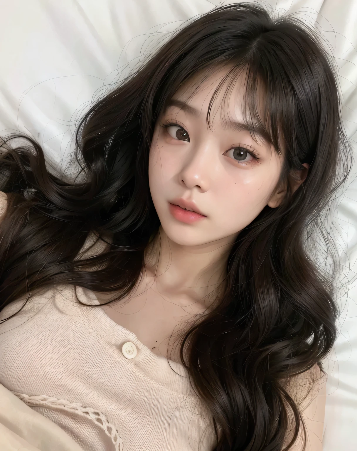 Araffe Asian woman lying in bed with long dark hair, ulzzang, joven y adorable rostro coreano, hermosa joven coreana, hermosa joven coreana, muchacha coreana, pale korean adorable face, hermosa mujer surcoreana, maquillaje popular de corea del sur, Young cute pale asian face, maquillaje coreano popular, hermosa cara de chicas japonesas, chica linda-cara-fina, rasgos de la cara coreana, Jang Wonyoung, Wonyoung from IVE