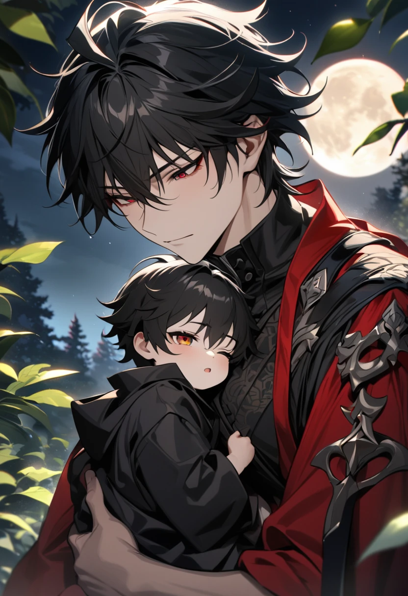 absurdres, highres, ultra detailed, HDR, master piece, best quality, extremely detailed face and eyes, Blade, black long hair, expressive crimson eyes, Honkai star rail, 1 man carrying a little boy, extremely handsome, Fushiguro Megumi, black hair, eyes closed, black kimono, red haori, green leaves, flowers, trees, night, moon