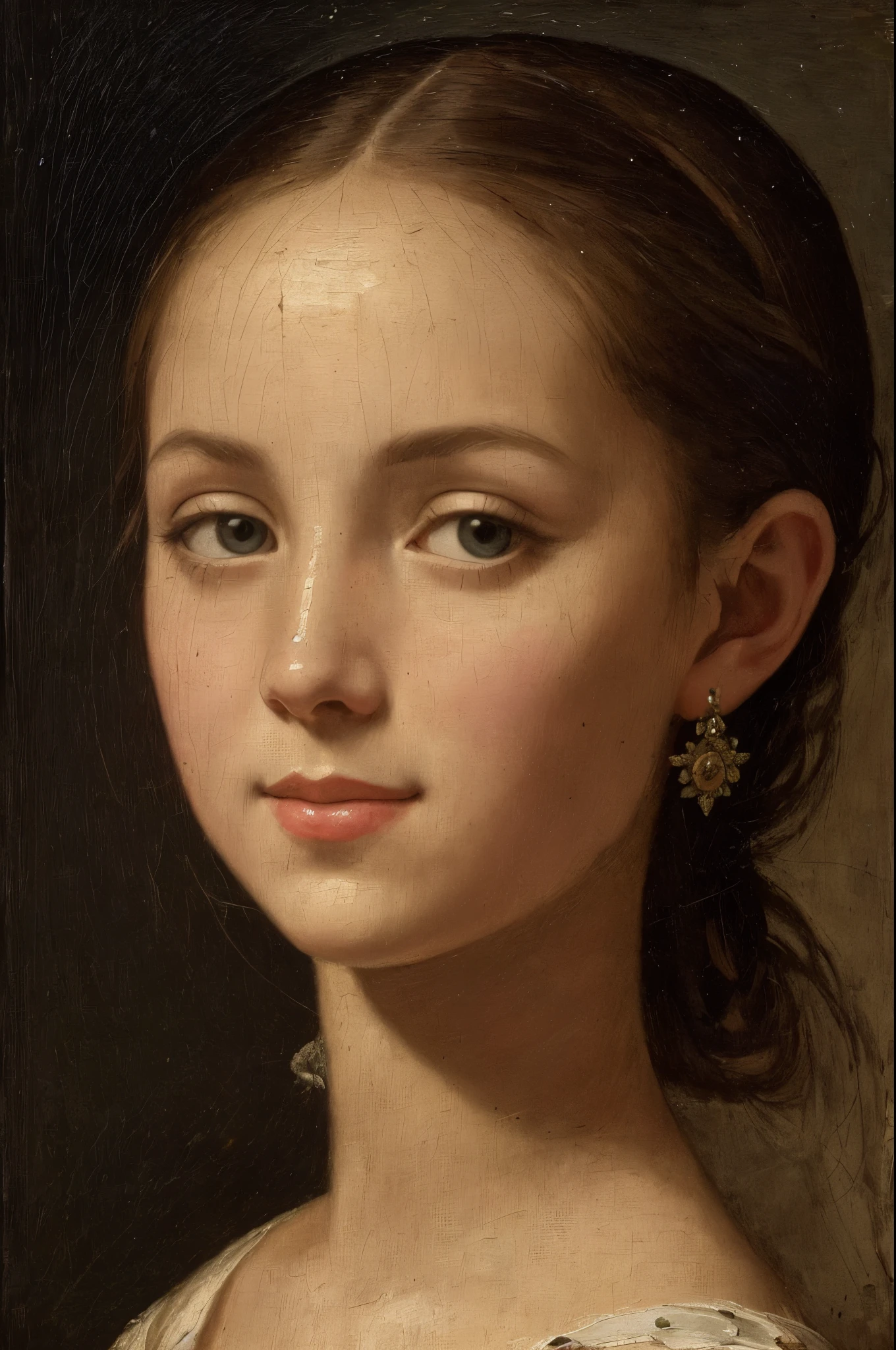 charming young cute Francesca da Rimini, a slight mysterious smile from the shoulder, Averts his eyes, elbow, a dress with embroidered patterns, dark clouds, 15 century,(Ari Schaeffer style)), The dark Renaissance, (fog, very scuffing), ((palette/oil painting palette knife)), ((masterpiece)), single shot, impression:1.2, extreme detail, perspective:1.33, 8k