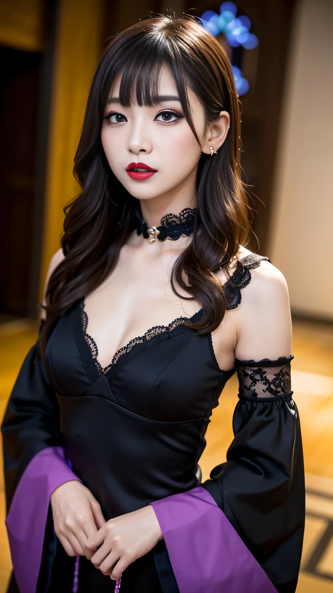 best quality、ultra-detailed、8k、Japanese、Japanese、Seductive beauty、seductive adult woman、Pretty Woman、cool girl、Villainess、brainwash makeup、Brainwashed、brainwash、Fallen into evil、smirk、Evil look、Wicked Smile、evil、Brown hair、wavy hair、swept bangs、dark makeup、dark makeup、piercing eyes、hollow eyes,half-closed eyes、Hollow Eyes、purple Eyeshadow、black lipstick、black lipglos、Lace fabric、black party dress、Wide sleeves、flare skirt、stockings、pantyhose、night、inside darkroom、Look、shoot from below、Make up、Hold a small makeup brush、Swear allegiance、I have pledged my allegiance、Seduce、Evil female executive、Female Combatant