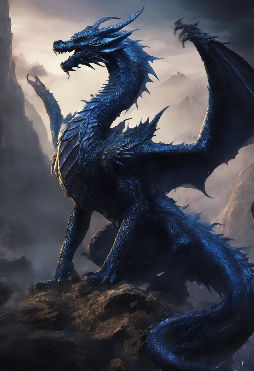 mythology，Dragon, black with dark blue details and silver