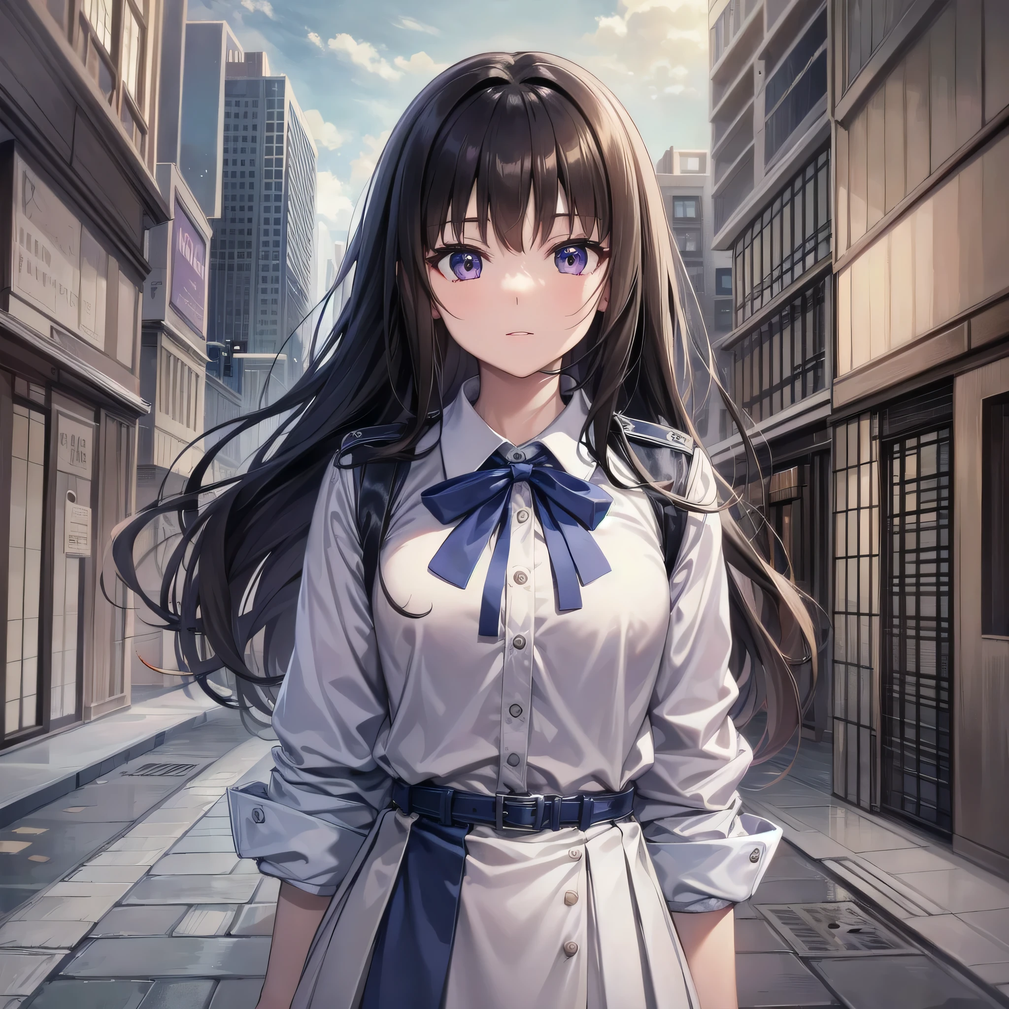 Takiinoue, Takina Inoue, The long-haired, bangss, A dark-haired, (Purple Eye:1.2), BREAK  shirt, long-sleeve, Onepiece, bow ribbon, student clothes, White shirt, shirt with collar, a belt, Neck ribbon, Blue Dress, Green Ribbon, pleated dress, Gradeless, two-tone dress, blue obi, Licorice Uniform, Outdoor break, sity, BREAK (​masterpiece:1.2), Top image quality, hight resolution, Unity 8k wallpaper, (illustratio:0.8), (Beautiful detail eyes:1.6), extra detailed face、Perfect litthing、extremely details CG、(perfect hand、perfect anatomia)、Takina Inoue、Inoue,Takina, 1girll, Background in the city, (fluffy hair:1.4), 15yo student, (hold a gun)
