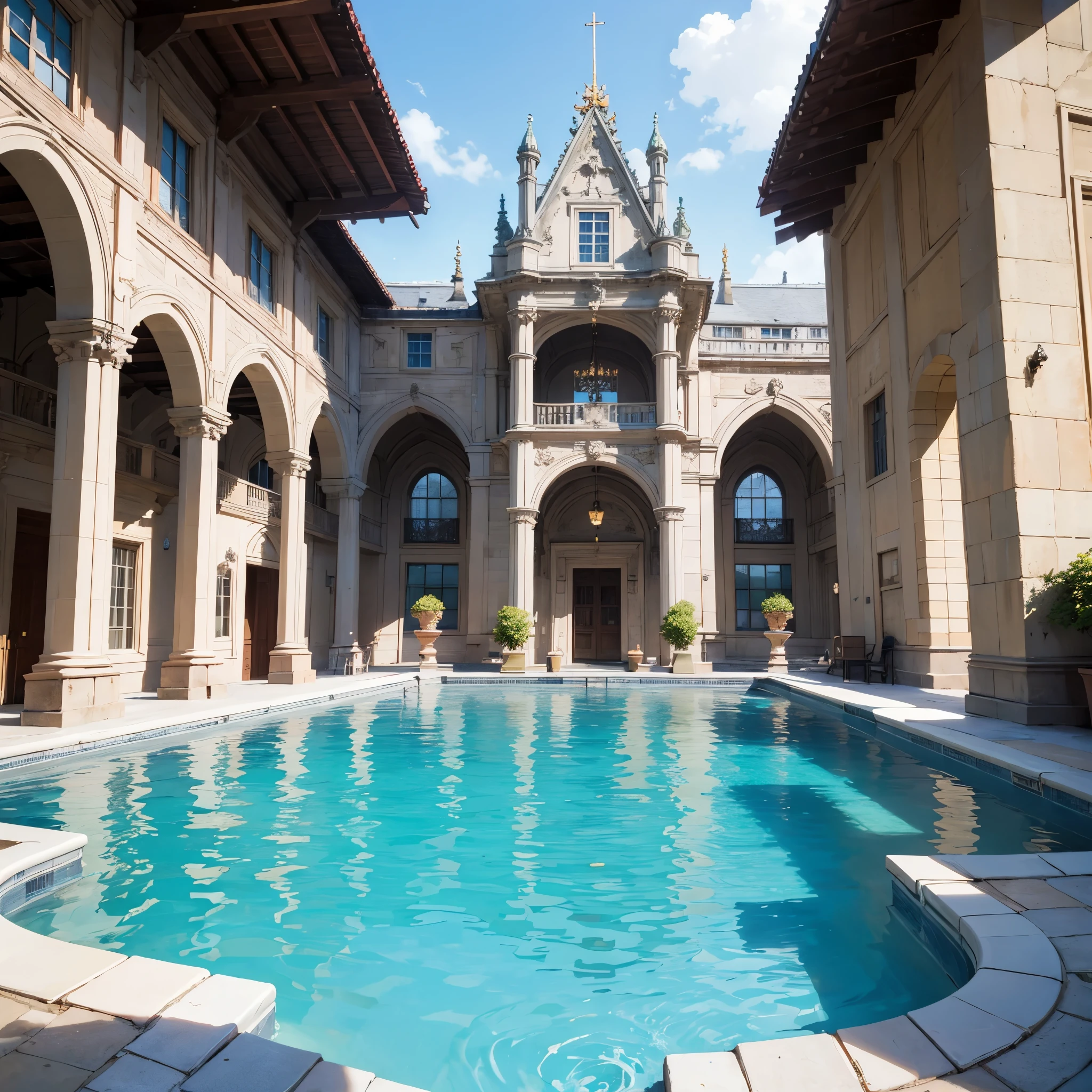 ((best quality)), ((masterpiece)), (detailed), a beautiful pool with blue water in a royal castle