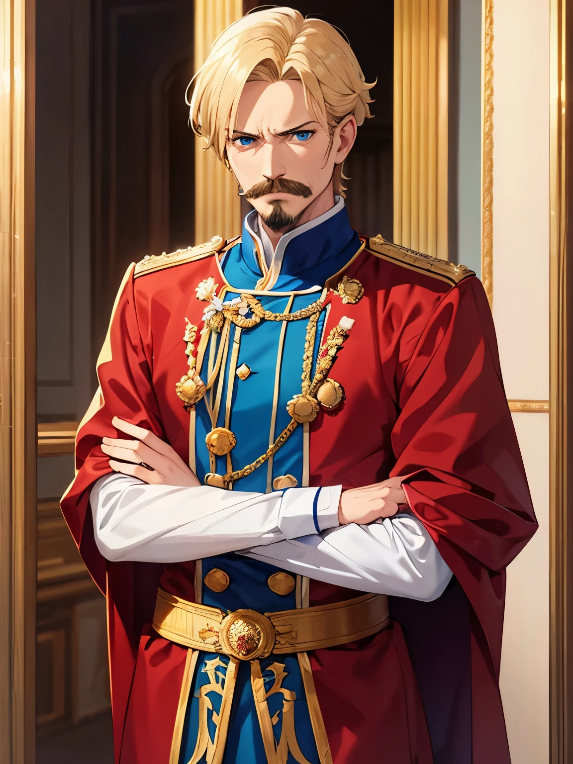 King standing in the royal palace, short hair, mustache, 35 years old, blonde hair, blue eyes, red royal clothes, Arms crossed, in the dungeon, annoyed expression,ultra detailed,close up photo