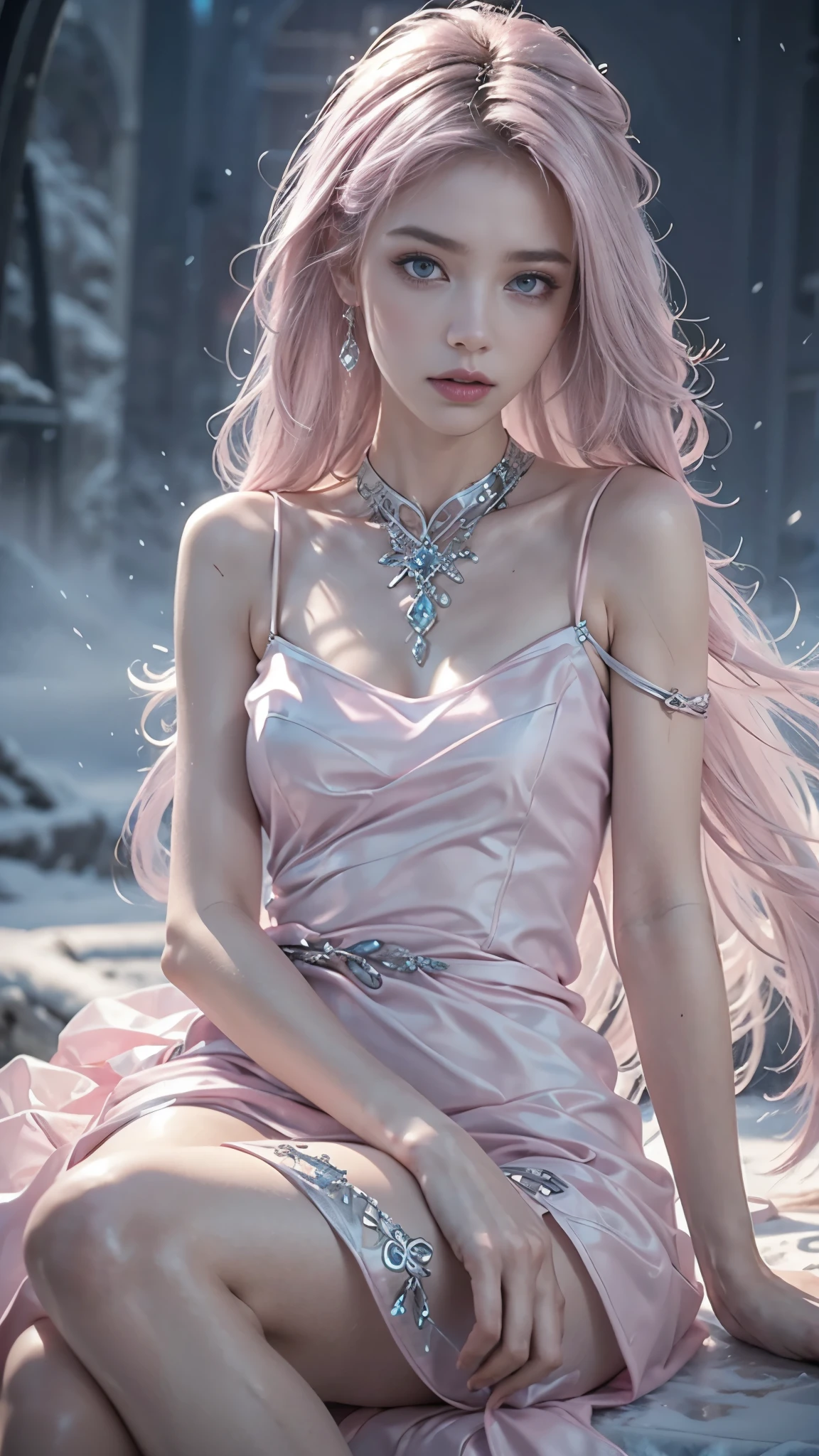 a beautiful ice goddess, perfect slim body, good face, (long hair:1.5), realistic eyes, small breasts, ice magician, ice elemental, intricate design and details, chilling mist, cold, blizzard storm, conjuring ice spell, casting ice spell, flowing dress, (pink flowing dress:1.5), (strap dress:1.5), realistic ice effect, snow particles, dark fantasy art style, ruined city, dramatic lighting, cinematic, sitting,