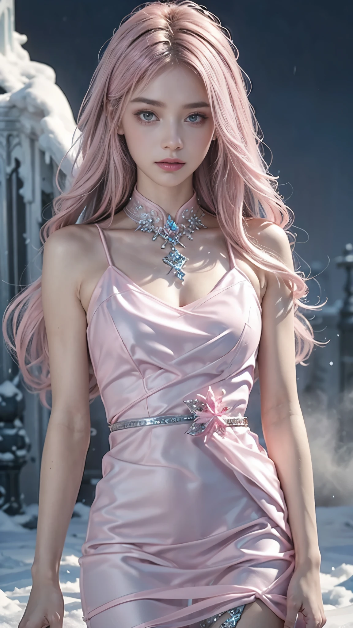 a beautiful ice goddess, perfect slim body, good face, (long hair:1.5), realistic eyes, small breasts, ice magician, ice elemental, intricate design and details, chilling mist, cold, blizzard storm, conjuring ice spell, casting ice spell, decorated dress, (pink dress:1.5), (strap dress:1.5), realistic ice effect, snow particles, dark fantasy art style, ruined city, dramatic lighting, cinematic,