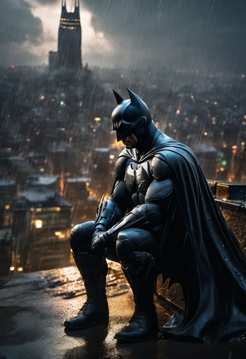 "Batman in the rain crouching surrounded by his parents sitting next to him overlooking the city of gotham city, detailed matte painting, deep color, fantastical, intricate detail, splash screen, complementary colors, fantasy concept art, 8k resolution trending on Artstation Unreal Engine 5"