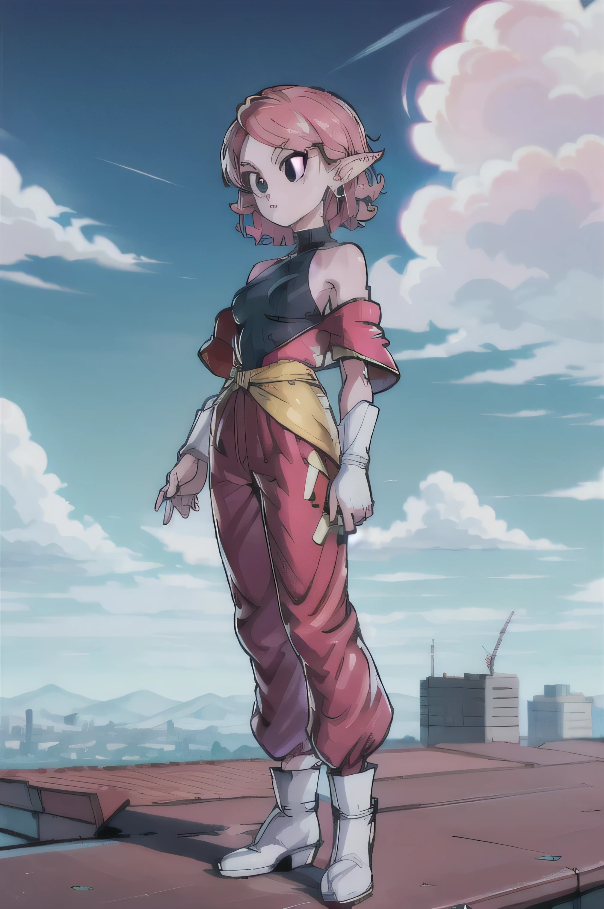 Time God, 1girl, solo, pink hair, short hair, black eyes, bare shoulders, pants, earrings, pointy ears, white footwear, close-up, small breasts, height, city, cloudy sky, standing,