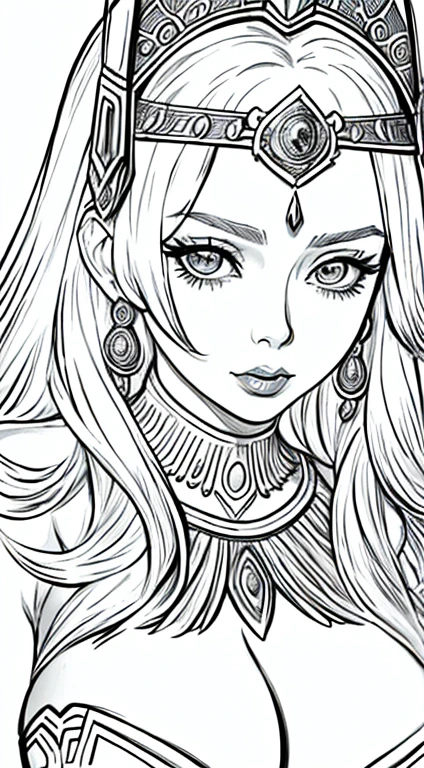 masterpiece, Elizabeth Olsen as Dejah Thoris,female general, alone, Bust Close-up, (White background:1), monochrome, draw line, (illustration), white hair detailed, (NSFW:1), big breasts