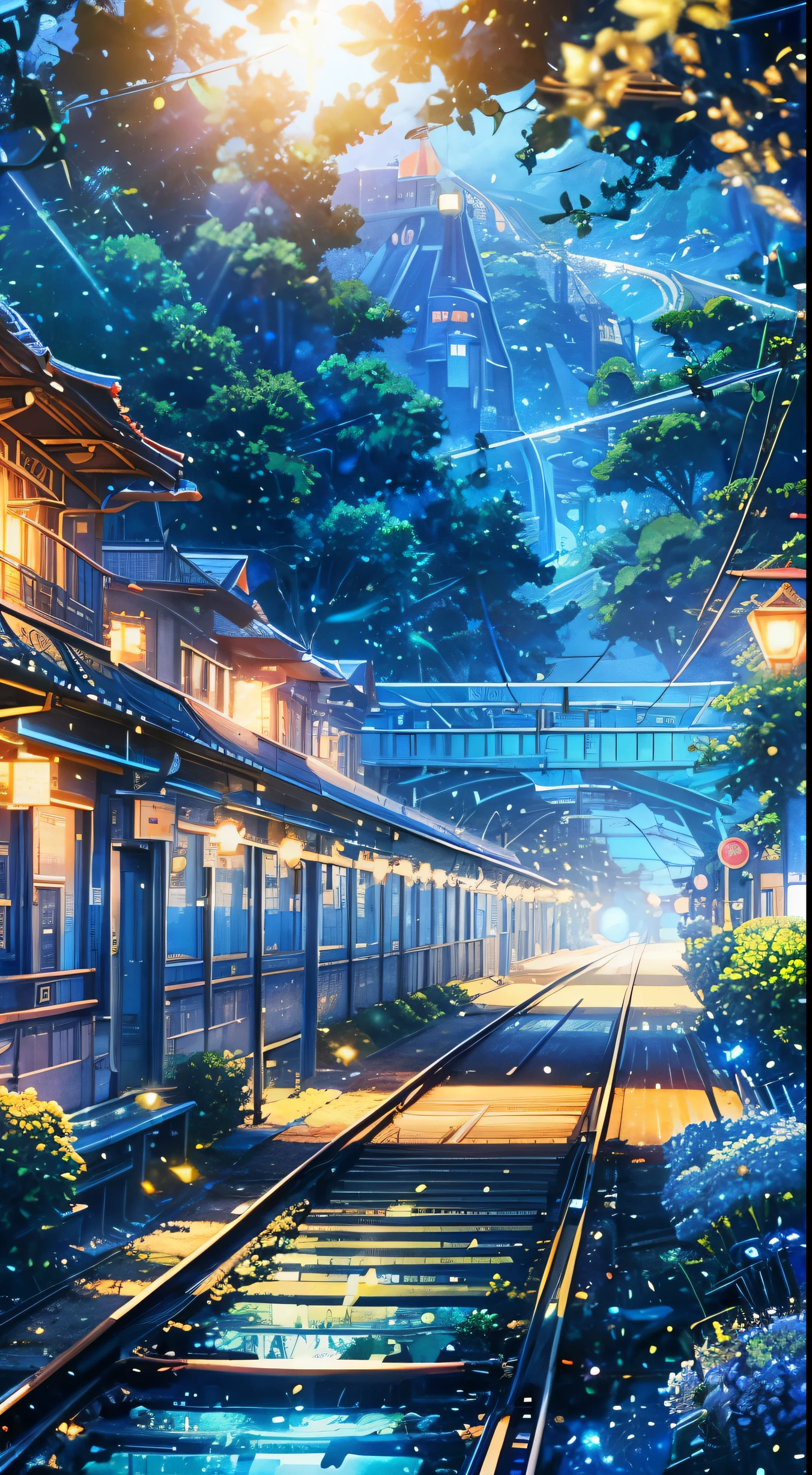 anime inspired railway station with bright blue glass like sky shinning twinkling sparkling effect at day time(bokeh effect) (fireflies)