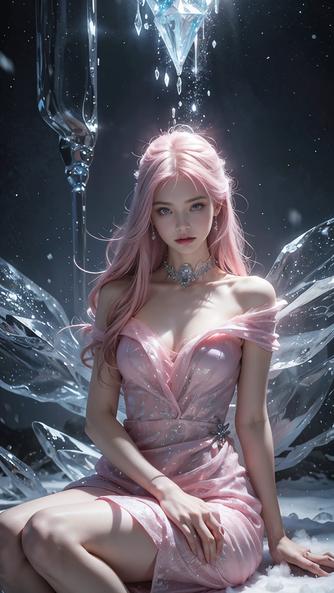a beautiful ice goddess, good face, very long hair, realistic eyes, small breasts, ice magician, ice elemental, intricate design and details, chilling mist, cold, blizzard storm, conjuring ice spell, casting ice spell, fantasy dress, (pink dress:1.5), strap:1.5,, bare waist, realistic ice effect, snow particles, dark fantasy art style, ruined city, dramatic lighting, cinematic, sitting,