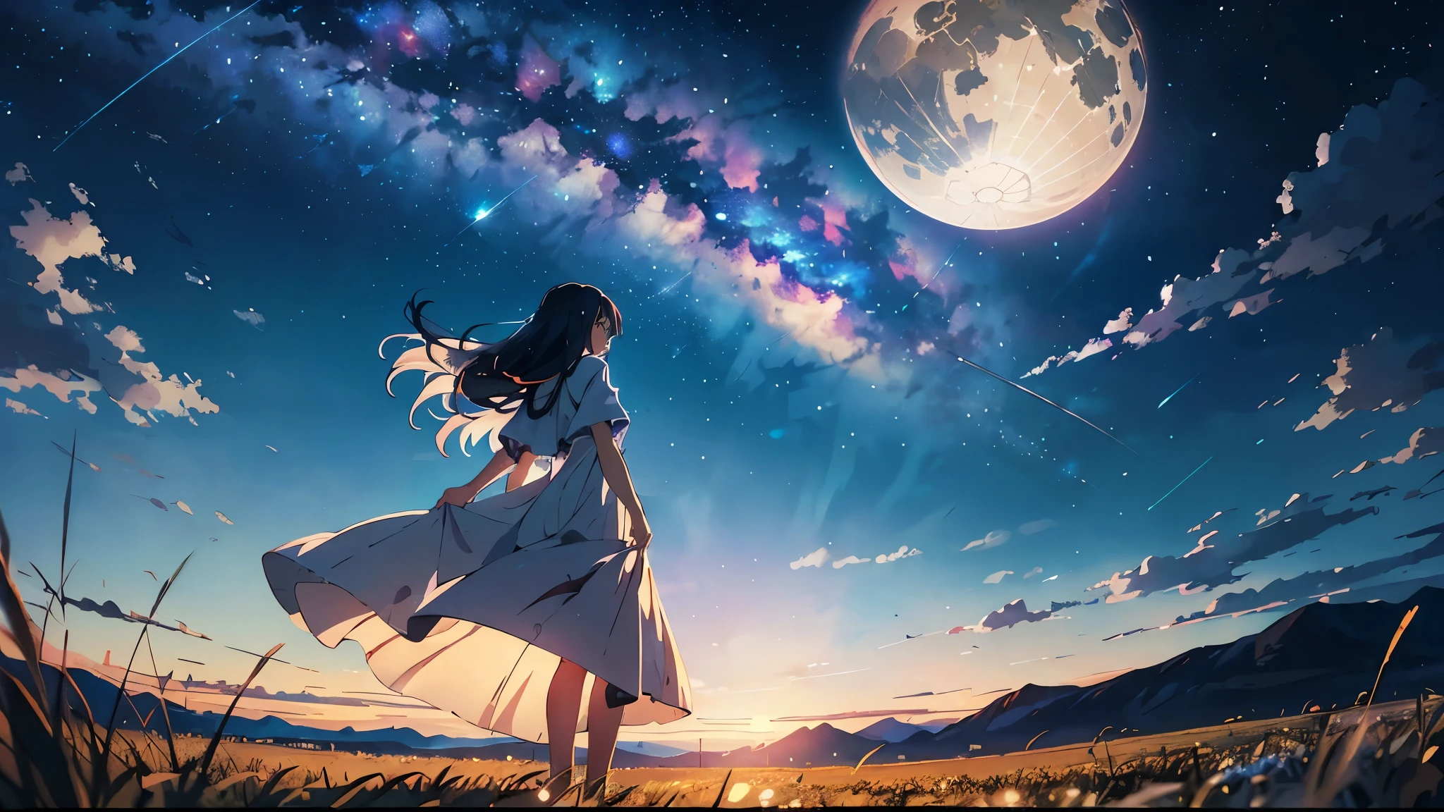 Anime girl standing in a field gazing at the stars, makoto shinkai cyril rolando, The endless universe in the background, anime art wallpaper 8k, anime art wallpaper 4k, anime art wallpaper 4k, Girl looks at space, Beautiful Anime artwork, Space Sky. by makoto shinkai, 4k anime wallpaper, Beautiful Anime art, Beautiful Anime