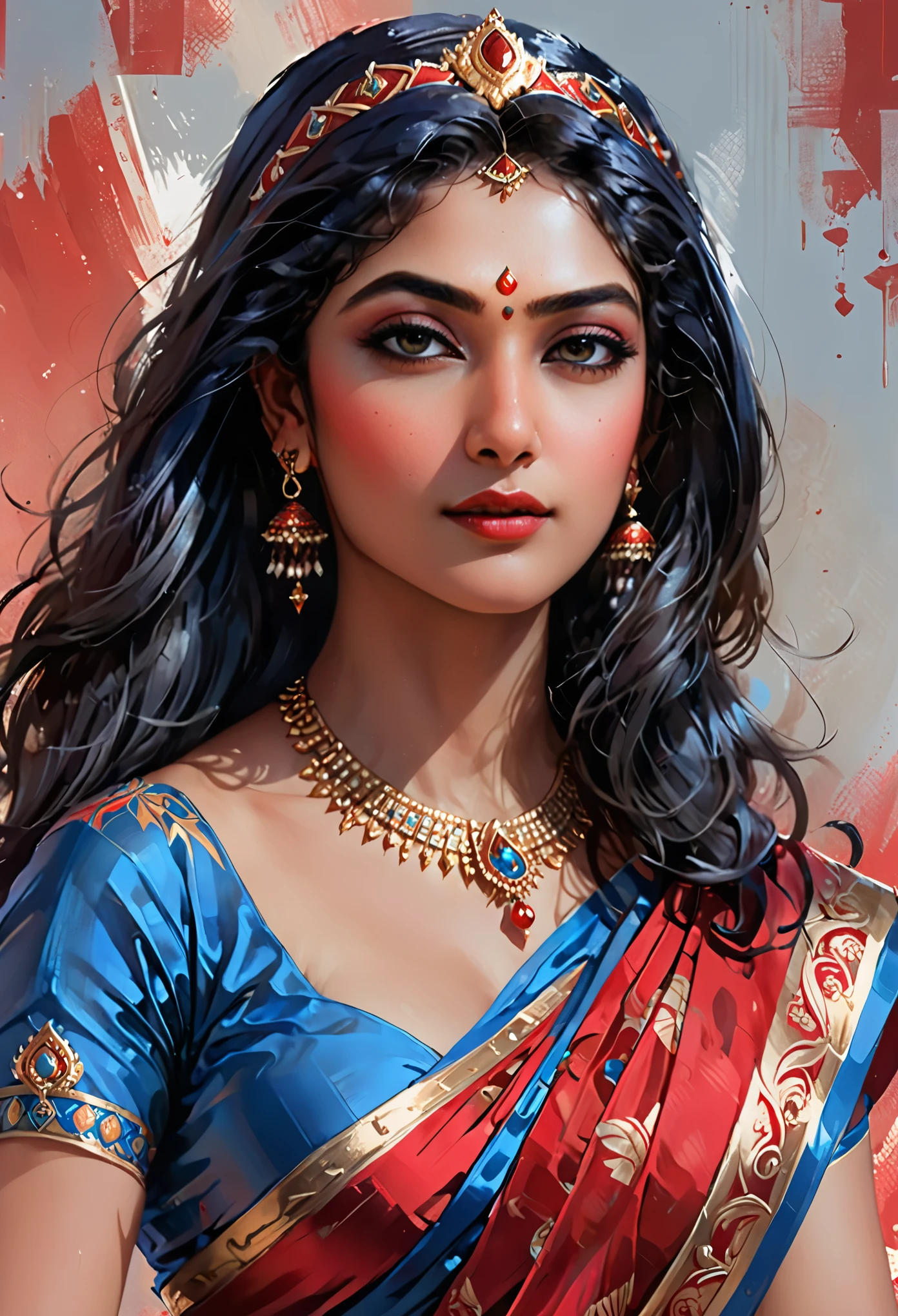 rmx, a close up of a woman in a blue and red sari, indian goddess, a beautiful fantasy empress, indian empress, ((a beautiful fantasy empress)), portrait of modern darna, persian queen, artwork in the style of guweiz, extremely detailed artgerm, royal elegant pose, commission for high res, beautiful goddess, in style of artgerm, indian