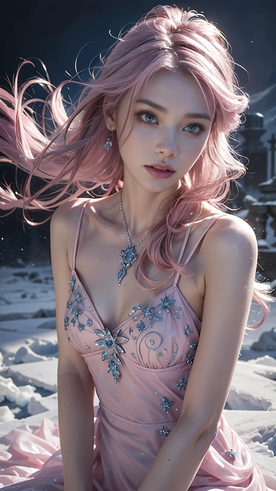 a beautiful ice goddess, good face, very long hair, realistic eyes, small breasts, ice magician, ice elemental, intricate design and details, chilling mist, cold, blizzard storm, conjuring ice spell, casting ice spell, fantasy dress, (pink dress:1.5), strap:1.5,, bare waist, realistic ice effect, snow particles, dark fantasy art style, ruined city, dramatic lighting, cinematic, sitting,