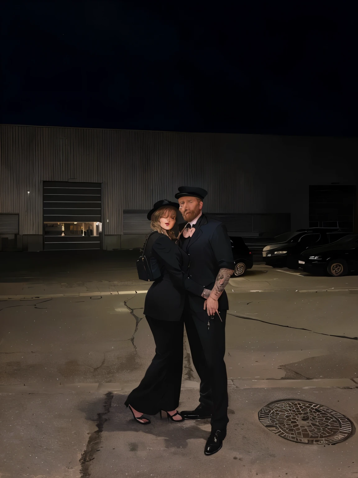 Painting in the style of Van Gogh a loving couple man and woman both in a black suit, Frau hat hohe schwarze offene schuhe an und der mann hat ein hemd bei dem die Arme hochgekrempelt sind und tattoos an den armen. You stand up in the city in a dark peaceful street with lanterns