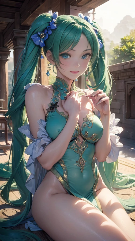 Super detailed, NSFW, masterpiece, High resolution, Photorealistic digital art, perfect lighting, (((1 girl, perfect anatomy))), accurate right hand, accurate left hand, five fingers, perfect style, hatsune miku, 3d face, big light blue-green eyes, glossy lips, blue-green long hair, shiny skin, smile, (((twin tails))), big square hair accessories, (((Scheherazade))),
