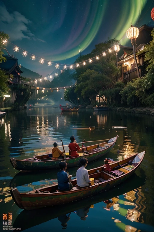 Dragon boat festival celebration on a serene river, traditional boats racing, vibrant colors, cultural event, dynamic movement, festive atmosphere, inspired by Chinese folklore, detailed illustration, digital painting, cinematic composition, fantasy elements,, Playful, Analog Horror, Game Night, Analog photography, Animation, Cinematic, Mosaic, brash colors, Hackercore, Aurora borealis lighting, 8k