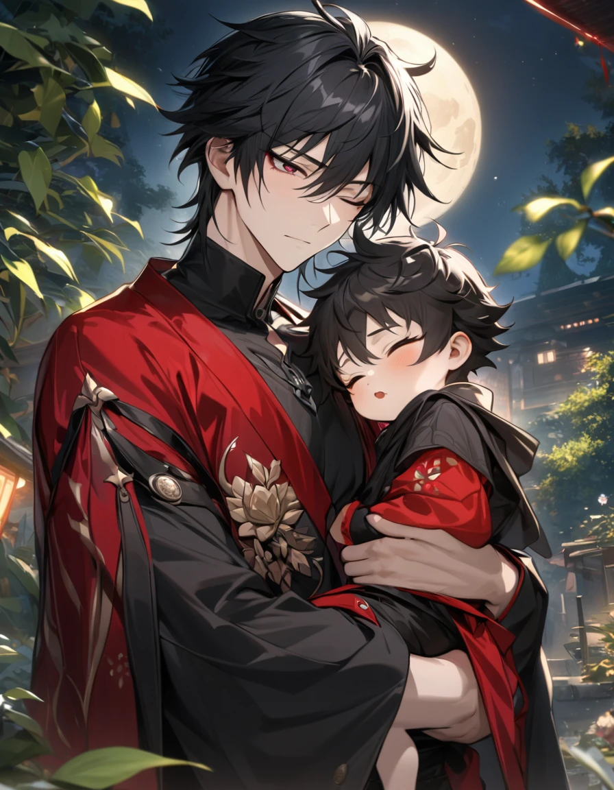 absurdres, highres, ultra detailed, HDR, master piece, best quality, extremely detailed face and eyes, Blade, black long hair, expressive crimson eyes, Honkai star rail, 1 man carrying a boy, extremely handsome, Fushiguro Megumi, black hair, eyes closed, black kimono, red haori, green leaves, flowers, trees, night, moon