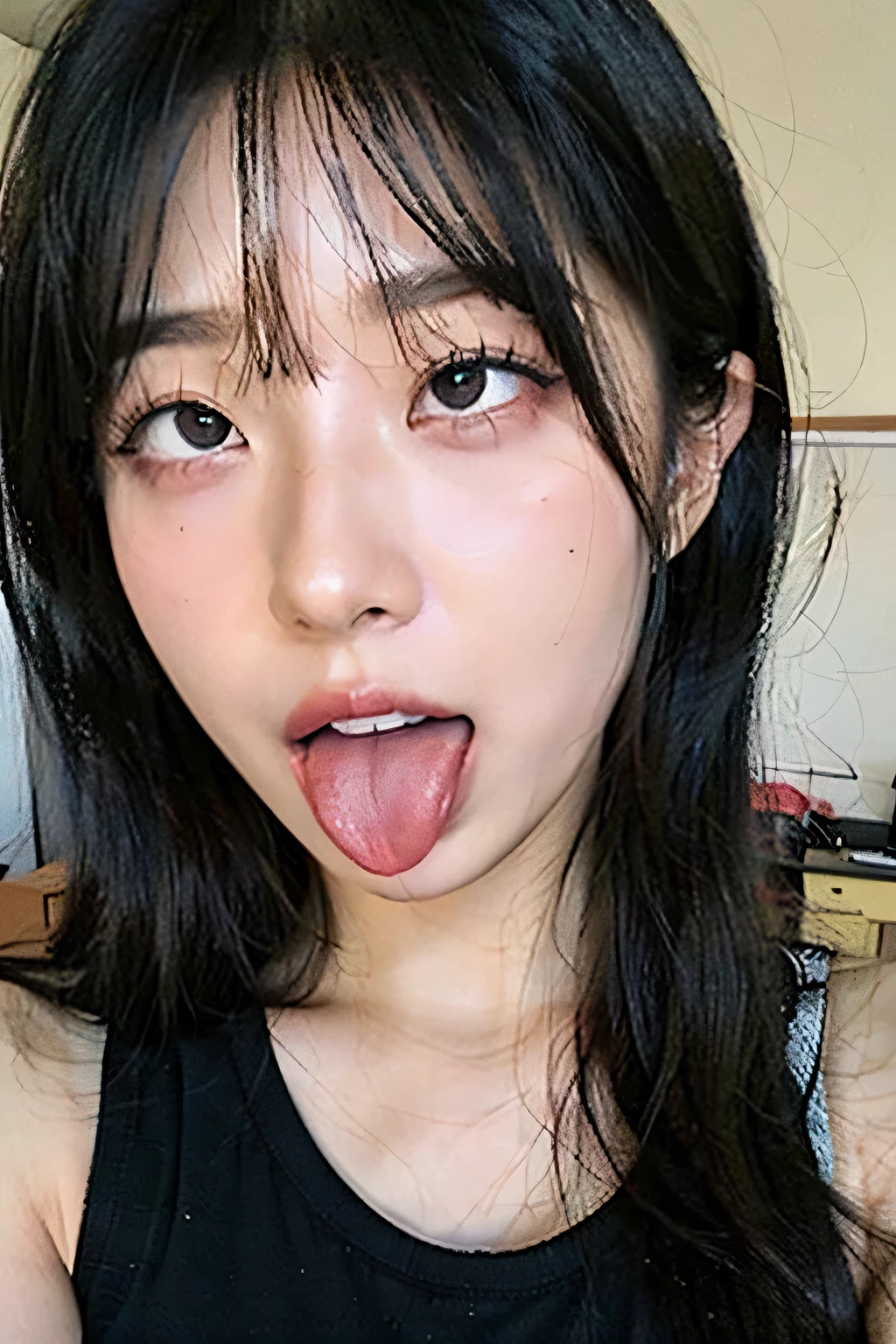 beautiful japanese idol,on the desk, winning photo, very detailed, Eyes focus clearly, Nose and mouth,face focus, Woman with open mouth and eyes closed, Black camisole、21 years old,black hair、symmetrical face,realistic nostrils、View below、Thin C-shaped nostrils,,,,,,,,,,,,,,,,,,,NSFW,live performance stage、on stage、sweaty skin、Lighting that highlights skin that glows with sweat、((hooked nose))Skin shiny with sweat、skin glow、sweaty hair、Tongue is moist and shiny、((face up close))