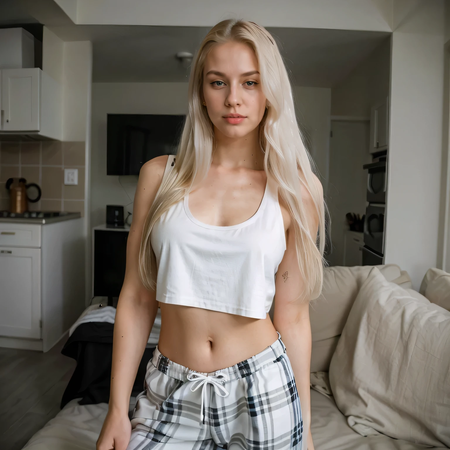 AIR, Platinum white blonde with long hair, 24 year old model with a beautiful body and big , doing a photo shoot in her luxurious looking apartment, wear a black cropped tank top, baggy plaid pajama pants.