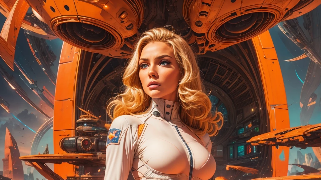 arafed image of a white woman in a futuristic suit with a spaceship in the background, movie art, in front of an orange background, inspired by Robert McGinnis, female protagonist, megastructure in the background, portrait of an ai astronaut, astronauts, an astronaut, portrait of a astronaut skeletor, perfect android girl, detailed eyes, frank franzzeta and sakimichan