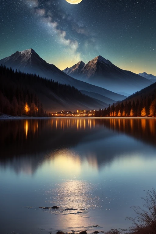 A very starry night. Huge moon behind the mountains. A quiet lake reflecting the night. Realistic Scene, detailed, Photorealism, 8k
