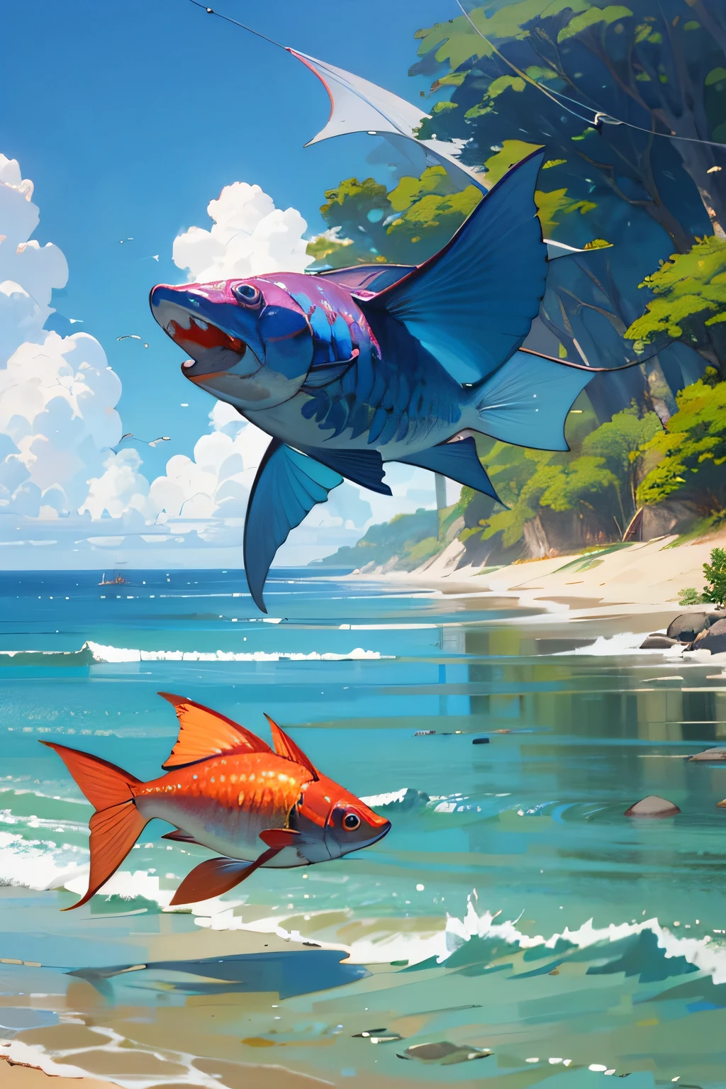 ((Melhor qualidade)), monster, rpg, fantasia, d&d, dia, diurno, sol, praia, pescando, pescaria, garota forte, garota bonita, peixe.