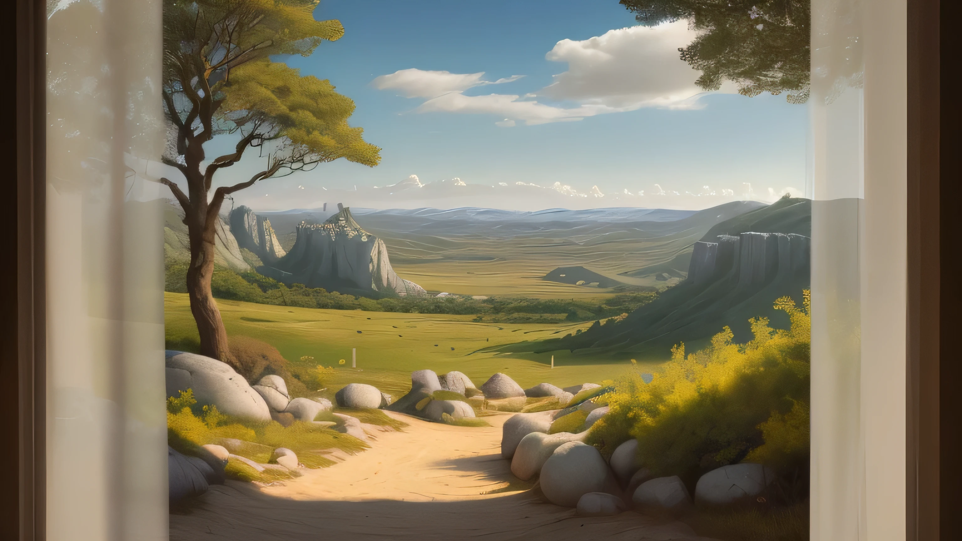 In this stunning, Best Quality, 8k image, a tranquil scene unfolds as if it were a masterpiece :1.3. The image showcases a landscape with a very deep depth of field, where young trees and shrubs are evenly distributed on sandy ground. White, scanty clouds scatter the sky in the backdrop, adding an ethereal touch to the scene. The terrain features rocks served as hills, elevating the scenic beauty, and softly contrasting with the sandy grounds beneath.