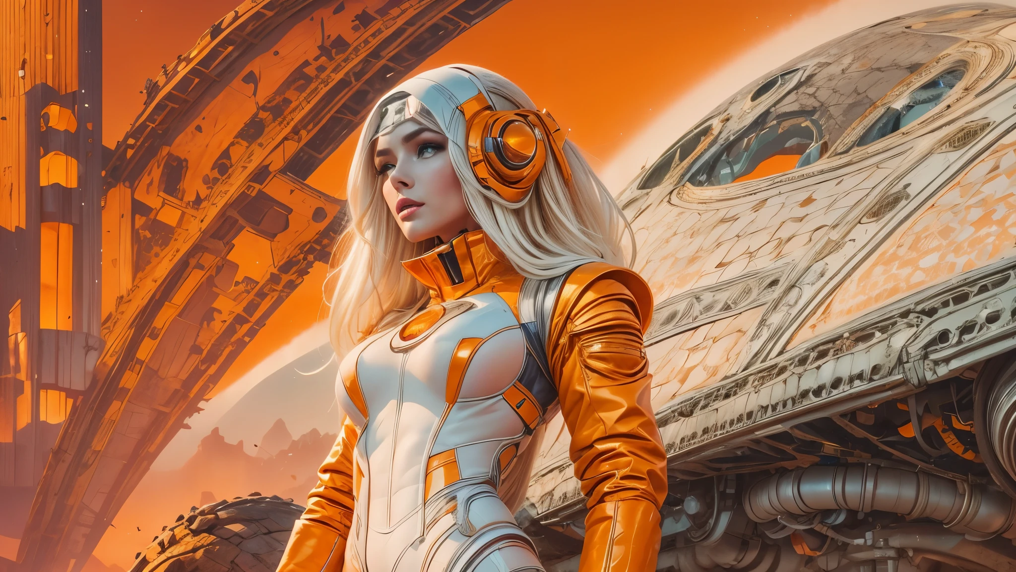 arafed image of a white woman in a futuristic suit with a spaceship in the background, movie art, in front of an orange background, inspired by Robert McGinnis, female protagonist, megastructure in the background, portrait of an ai astronaut, astronauts, an astronaut, portrait of a astronaut skeletor, perfect android girl, detailed eyes, frank franzzeta and sakimichan