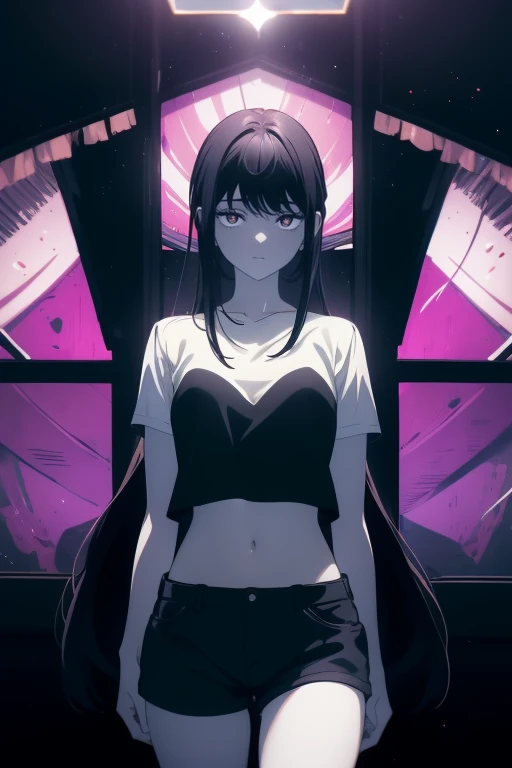 ((((Obra maestra, La mejor calidad, ultrahigh resolution)))), 1girl, standing, black t-shirt, jean shorts, (black hair, dark black hair over eye:1), long hair cut, pale skin, ((brown eyes)), (glowing_eyes), (ultra detailed eyes:0.7, beautiful and detailed face, detailed eyes:0.9), ((centered)), ((over joyed expression)), ((wide shot)), facing viewer, (((indoor part, purple and black lights, black dancing silhouettes:0.9, rave:1))), medium breasts, looking at viewer, ((half closed eyes)), ((perfect hands)), (((head:1, arms, hips in view, elbows, thighs, in view))), ((hands in the air)), empty eyes, beautiful lighting, outside, outdoors, background, defined subject, 25 years old, (head tilt), (((cool))), ((lively))