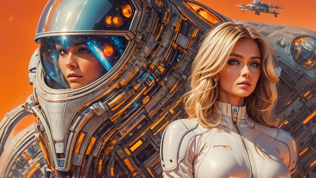 arafed image of a white woman in a futuristic suit with a spaceship in the background, movie art, in front of an orange background, inspired by Robert McGinnis, female protagonist, megastructure in the background, portrait of an ai astronaut, astronauts, an astronaut, portrait of a astronaut skeletor, perfect android girl, detailed eyes, frank franzzeta and sakimichan