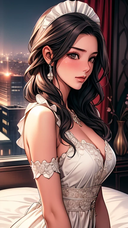 (best quality, 8K, masterpiece:1.3), pretty Woman, 1 girl, beautiful face, (Sexy), Dark brown hair, Half updo Half up half down, Ultra-detailed face, Detailed lips, super detailed eyes, double eyelids, long upper eyelashes, Soft skin, HD skin, Sabah, Sea Holiday House, sea, 8k, Super detailed, best quality detail, retina, Ultra-high resolution, masterpiece, ccurate