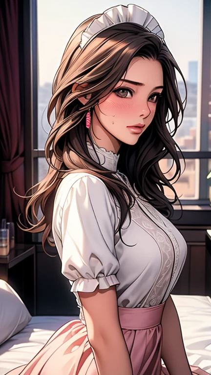 (((highest quality))),((​(masterpiece))),(((detailed))),(((In high resolution))),(((Beautiful and beautiful work: 1.5))),(Ultra-high resolution),(((detailedな背景)))8k, RAW Photos, highest quality,32k，masterpiece，Hyper HD,Delicate and beautiful hair, Eyes and Face,((Hotel Rooms)),Beautiful Face,((blush, Sweat)), Clear White SK,(Maid clothes),(超detailed, facial)
