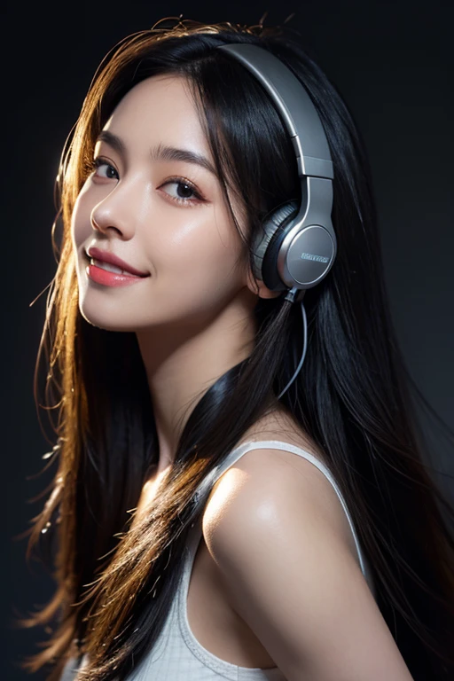 long hair, skintight black top:1.2, looking at viewer smiling at viewer, r cinematic lighting, perfect, soft lights, high resolution skin:1.2, realistic skin texture, realistic face,  lean girl,  headphones:1.2