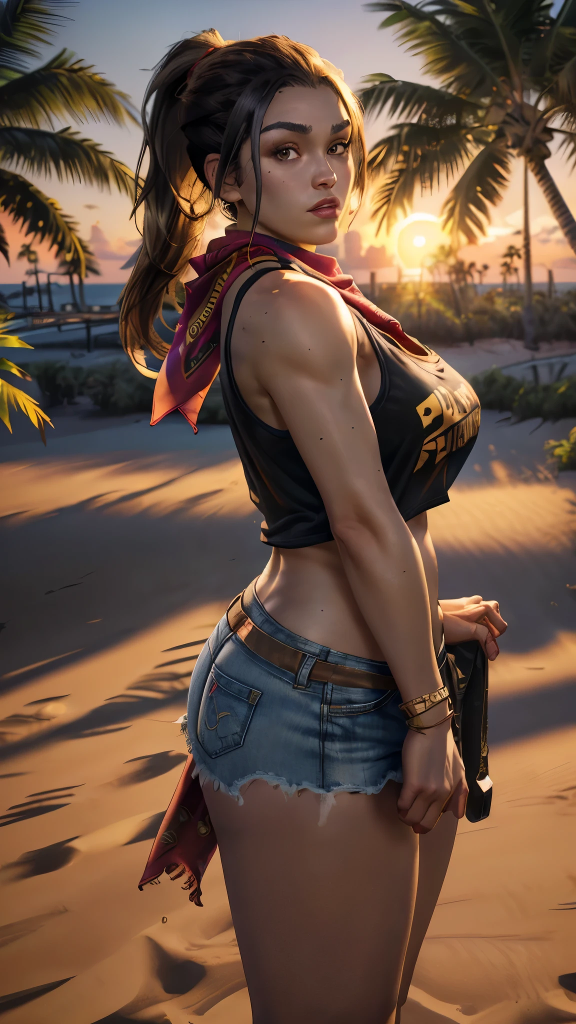 8k uhd, dslr, high quality,  (ultra realistic,32k, masterpiece:1.1),(detailed skin), (golden hour:1.1) octane render,gtluc ,a woman, (black tank shirt:1.3), ponytail, red bandana, denim shorts, (looking at viewer),miami,trees,palms,beach, Large breasts, thick thighs 