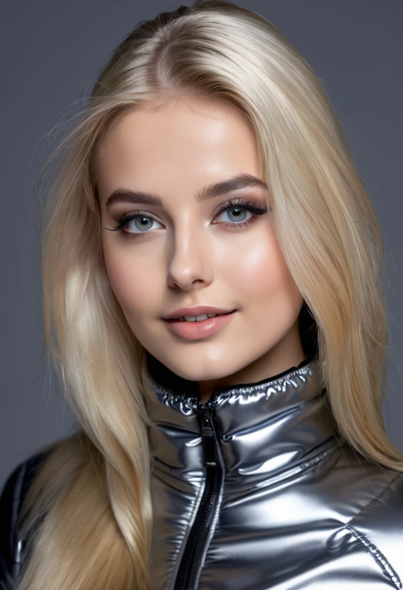 hyperrealistic beautiful 18-year-old women in shiny black-silver puffer jacket latex catsuit, model shooting photography, very long blonde straight hair, dark eye makeup with eyeliner, seductive smile, flashing , 8K, best quality, Meisterwerk, ultra high resolution, (Realismus: 1.4), Originalfoto, (realistische Hautstruktur: 1.3), (Filmkorn: 1.3), (Selfie-Winkel), 1 girl, Beautiful eyes and facial details, Meisterwerk, best quality,