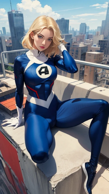 (Highly quality, masterpiece, detailed), city detailed scenario, city detailed background, 1girl, susan storm, blue eyes, blonde hair, full body blue bodysuit, sleeves, white elbow gloves, sitting on top of a building, perfect face, beautiful eyes, looking at the viewer, Sexy pose
