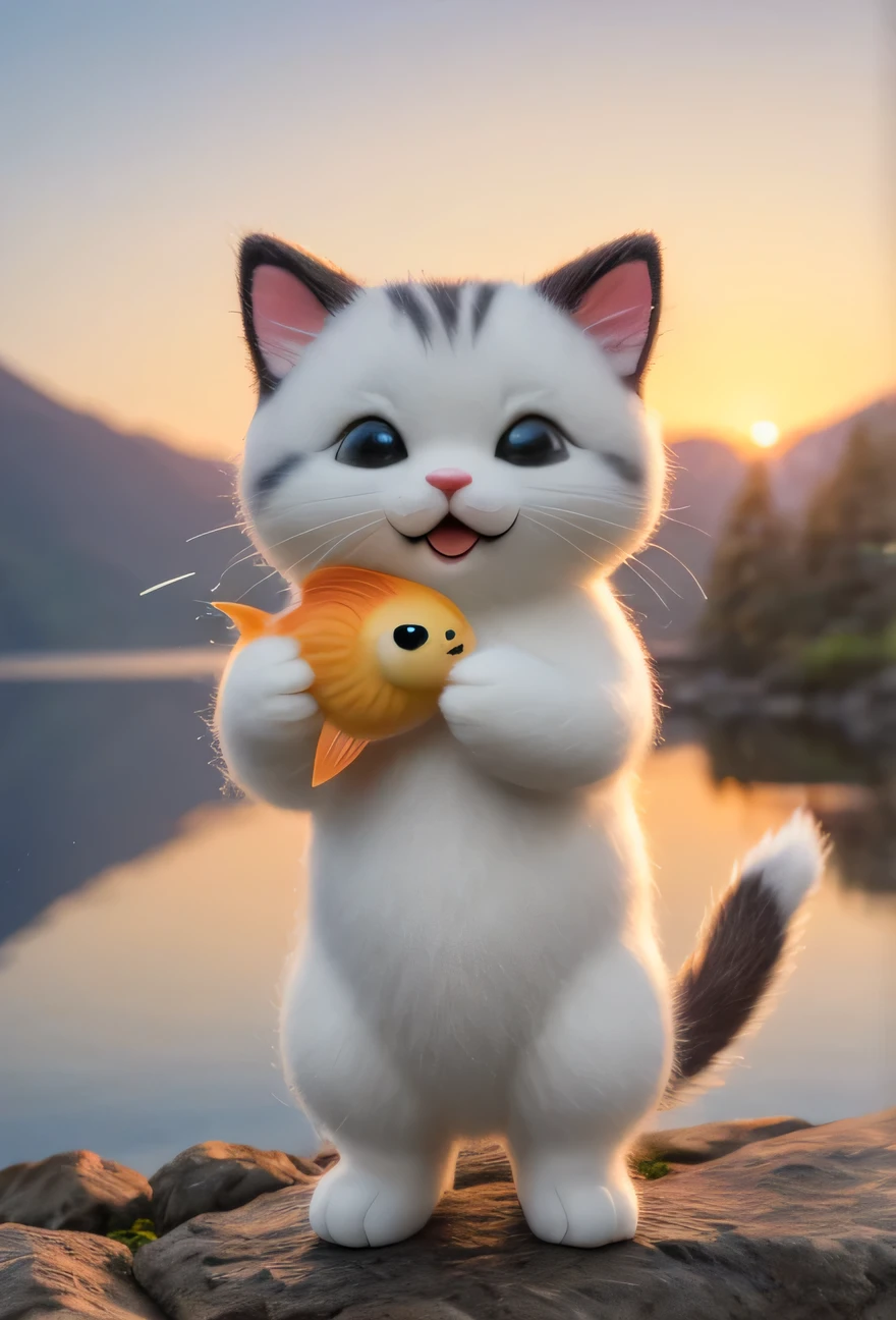 (masterpiece, best quality, high res), small, simple, cuddly felt fat kitten holding a fish in its tiny hands, gazing directly into the camera with a joyful smile. The scene is so sweet that it melts even the toughest hearts. Describe the loving atmosphere created by the combination of felt, smiles, and hearts diring a beautiful sunrise, detailed, realistic, UHD, 4k