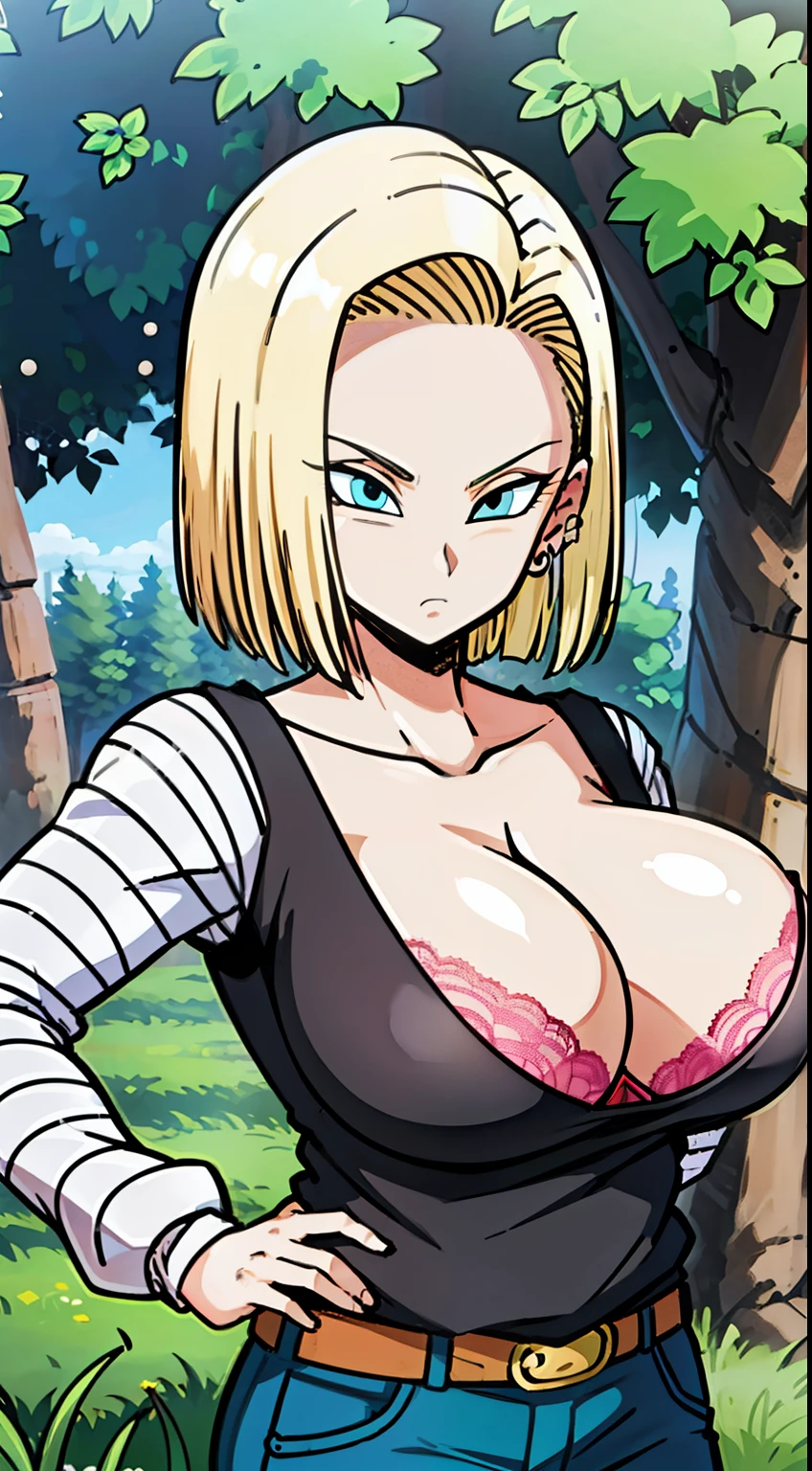 masterpiece, detailed face,
android 18, buu saga, , 1girl, solo, looking at viewer, short hair, blue eyes, blonde hair, collarbone,
field, trees,((huge tits:1.2)),cleavage, forest, upper body, lying on field, hovering,
midair,
black shirt, long sleeves, striped sleeves, hoop earrings, shoes, orange socks, belt, high waist pants,( embarrassed :1.3),((pink lace bra))