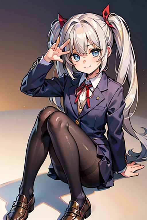 ((highest quality)), ((masterpiece)), (detailed), Anime 2D Rendering, Realistic young anime woman, Perfect Face, high school 、Beautiful girl、Baby Fad Eyes、blue eyes、Blonde、Twin tails with red ribbon、smile、Thighs、Outstanding style、nice buddy、glamorous、blazer 、Black Pantyhose、loafers、The whole body is visible