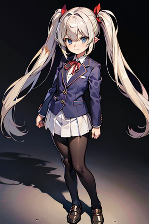 ((highest quality)), ((masterpiece)), (detailed), Anime 2D Rendering, Realistic young anime woman, Perfect Face, high school 、Beautiful girl、Baby Fad Eyes、blue eyes、Blonde、Twin tails with red ribbon、smile、Thighs、Outstanding style、nice buddy、glamorous、blazer 、Black Pantyhose、loafers、The whole body is visible
