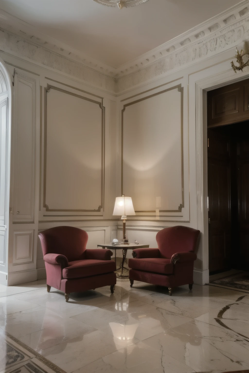 Imagine a majestic royal setting, with high ceilings adorned with golden moldings and huge hanging chandeliers that illuminate the room with a warm, soft light. The walls are covered in exquisitely woven tapestries depicting historical scenes of battles and important events. In the center of the room, there is an imposing Antoinette Midnight chair, hand-carved and upholstered in luxurious dark red velvet. The black and white marble floor reflects the opulence of the surroundings, while large windows allow natural light to flood in, further highlighting the splendor of the room's red color.